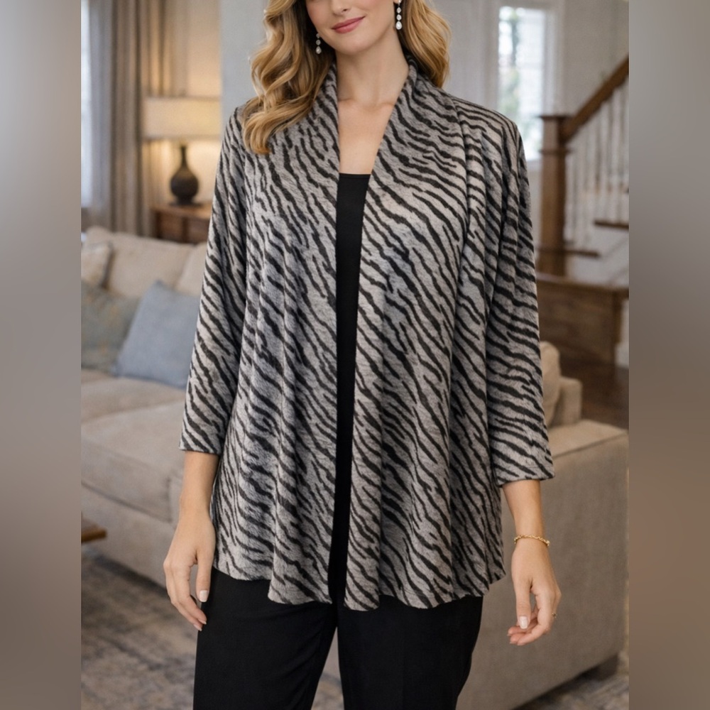 Chicos Light Jacket Topper 3 XL Black Gray Silver Open Front Stretch Washable